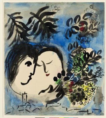 Marc Chagall, Coppia di amanti e fiori, 1949. Litografia a colori, 64,9x48,1 cm. Dono di Ida Chagall, Parigi. Chagall ® by SIAE 2015