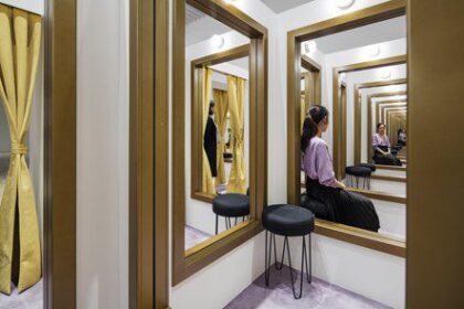 Leandro Erlich, Changing rooms (2008). Paneling, stools, golden frames, mirrors, curtains, carpet and lights. Dimensions variable. ©Kioku Keizo, Morti Art Museum. Courtesy Galleria Continua