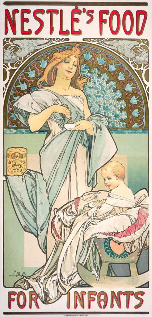 Alphonse Mucha Nestlé's Food for Infants 1897 Litografia a colori, 72x34,5 cm © Mucha Trust 2023